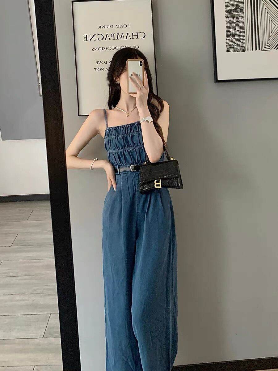 Denim Jumpsuit Women's Summer 2023 New off-Shoulder Short Wide Leg Jumpsuit Suit Waist Trimming Spaghetti Straps Jumpsuit