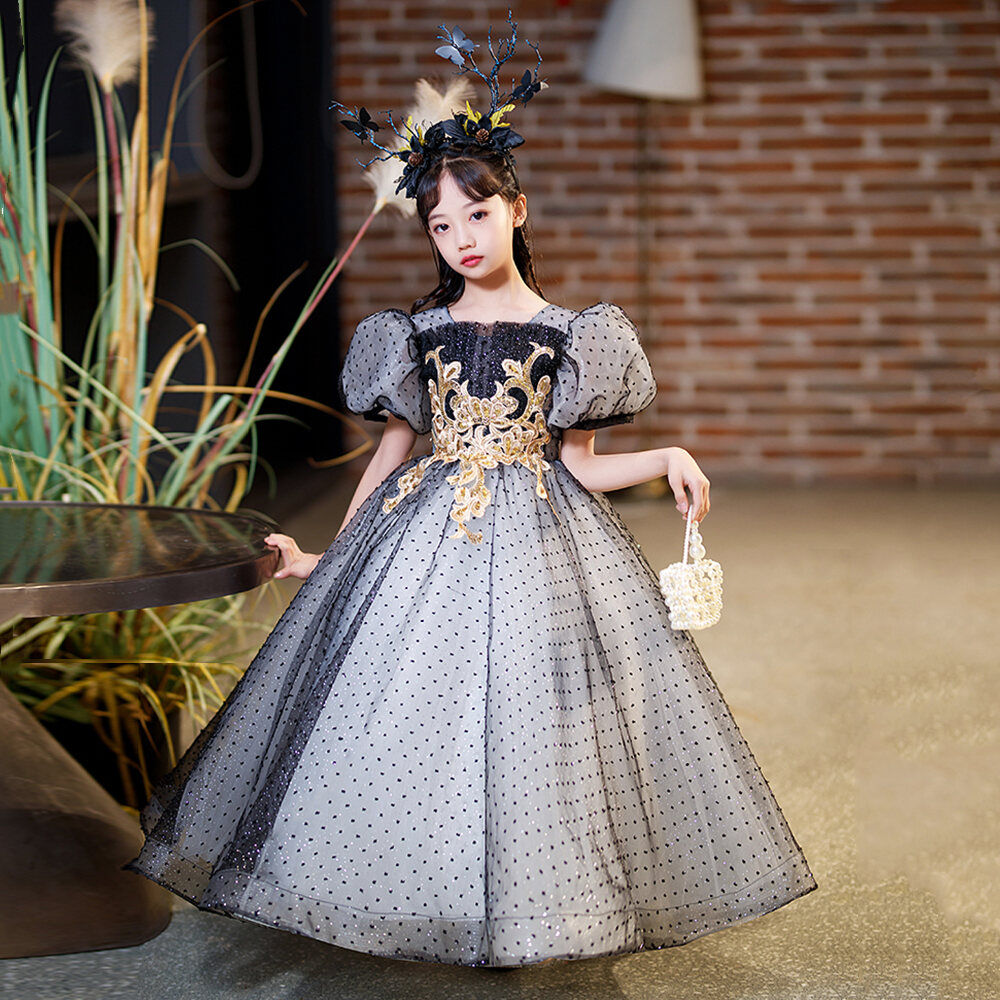 Black High-End Korean Style Mori Style Children's Evening Dress Girl Princess Dress Little Host Piano Singing Costume
