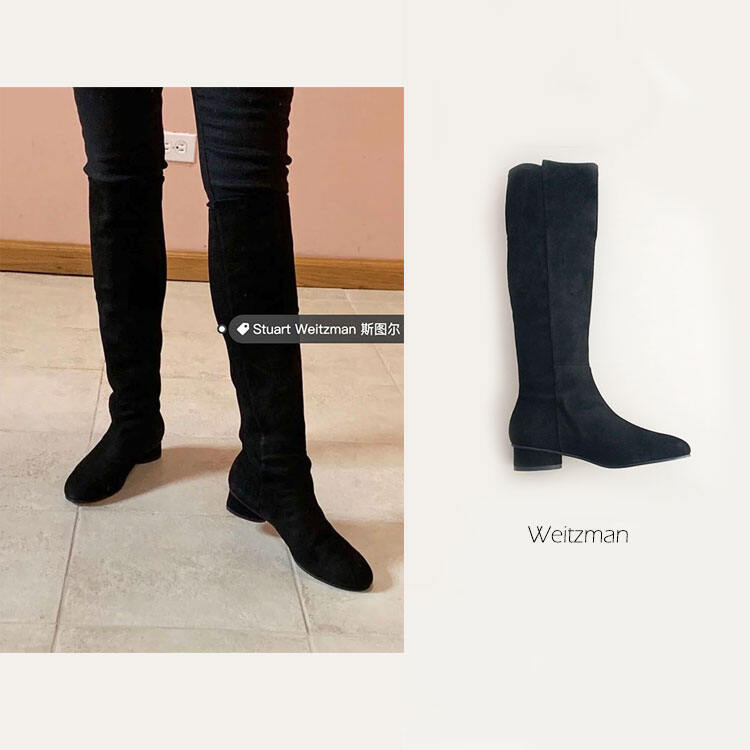 Stuart Weitzman High-Quality Black Stretch Suede Leather Chunky Heel Knee-High Boots 3cm Low Heel