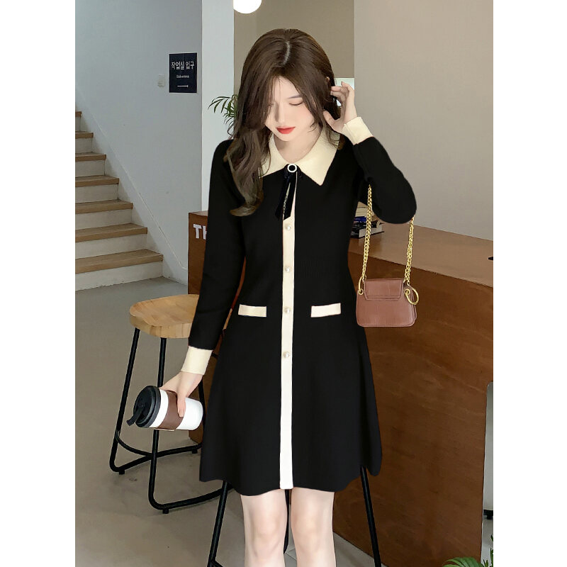 Special Offer Is Not Refundable ~ Only Black ~ Sweet Detachable Velvet Bow Tie Knitted Dress