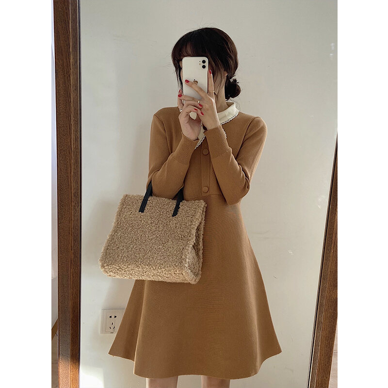 Special Offer Is Not Refundable ~ Only Khaki ~ Autumn and Winter Long-Sleeved Elegant Bow Bandage Knitted Slimming Dress