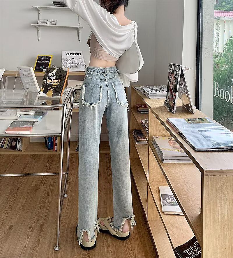 Real Shot Chubby Girl Wide Leg Pants Autumn New Loose Slim Looking Large Size Tasseled Jeans Women's High Waist Straight Cat Beard