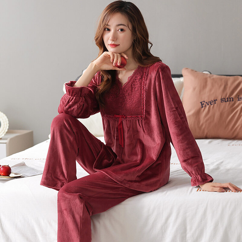 Island Velvet Pajamas Women's Winter 2022 New Thickened Warm Middle-Aged Mother Large Size Flannel Home Wear