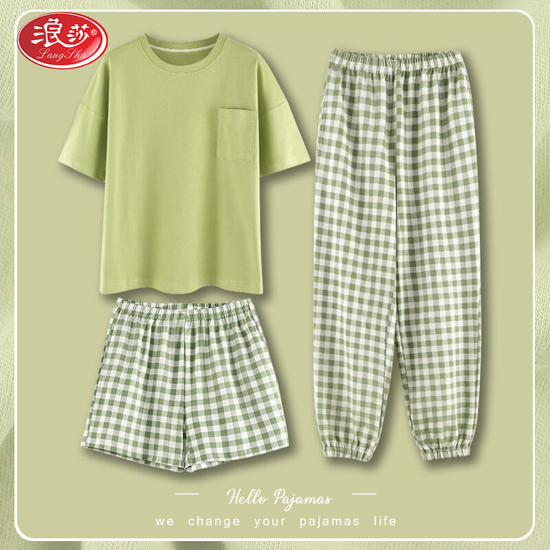 Langsha Short-Sleeved Trousers Pajamas Women's Summer Pure Cotton Three-Piece Set 2023 New Women's Large Size Outerwear Homewear