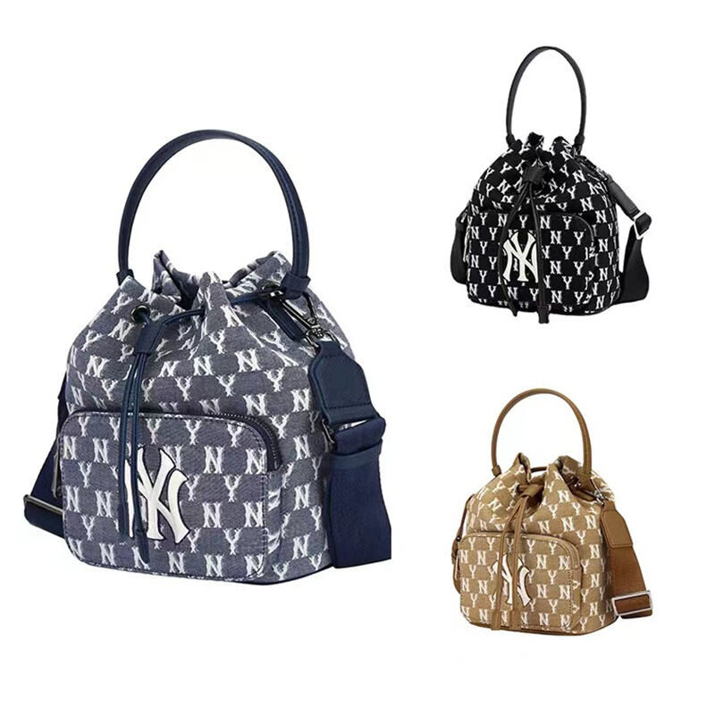 ☃㍿♘ South Korea's new MLB ny full bucket bag printing embroidery denim women's single shoulder inclined shoulder bag web celebrity ins handbag