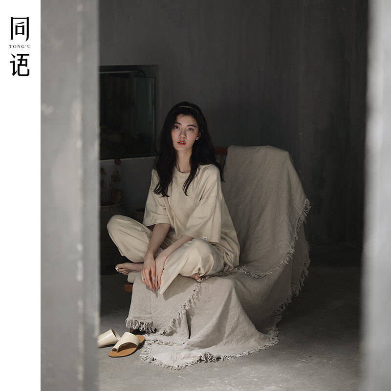 Tongyu [Cool Cotton] Pajamas Women's Summer Jacquard Short Sleeve Trousers Suit Women's Outerwear Thin Homewear