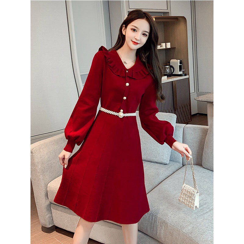 High-End Affordable Luxury Dress Women's 2022 Spring New Waist-Defined Slim Looking Temperamental Fairy Doll Collar Knitted Skirt Trendy