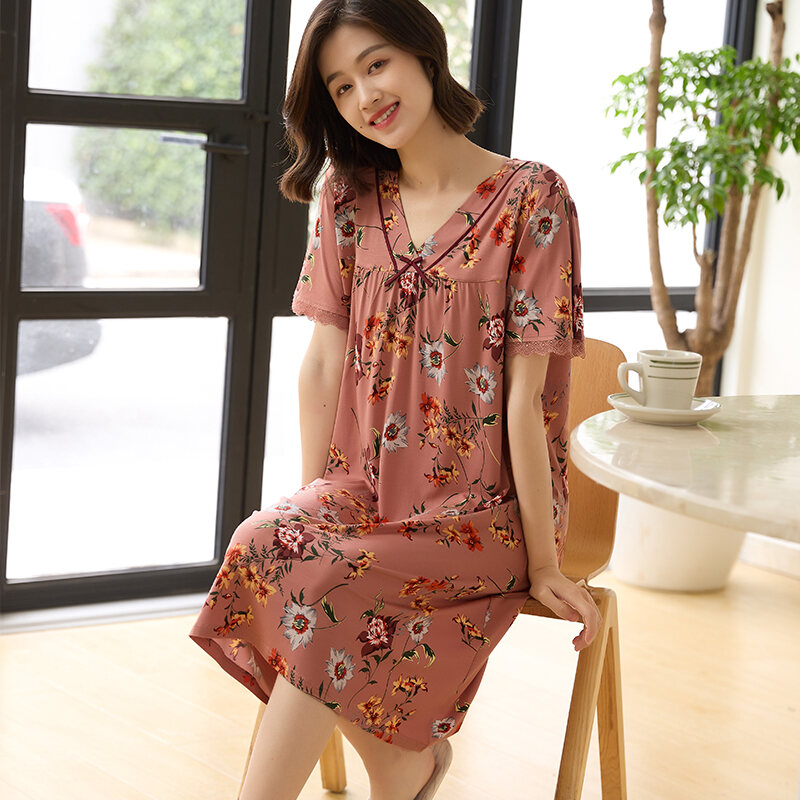 Modal Short-Sleeved Thin Nightdress Women's Summer Printed V-neck Casual Homewear Middle-Aged Mother Loose Large Size