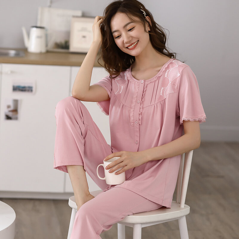 Pajamas Women Summer Short Sleeve plus Size Thin Middle-Aged Mother Cotton Homewear Summer Trendy Two-Piece Suit