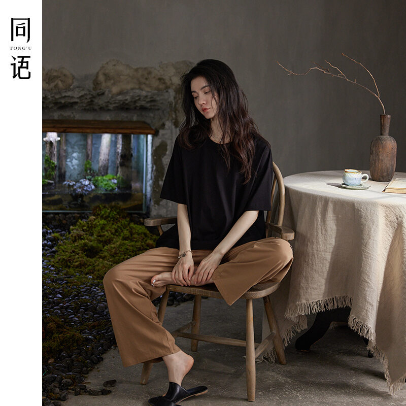 Tongyu Pajamas Women's Summer Cool Cotton Short-Sleeved New Suit Women's Fashion Casual Suitable for Daily Wear Summer Home Wear