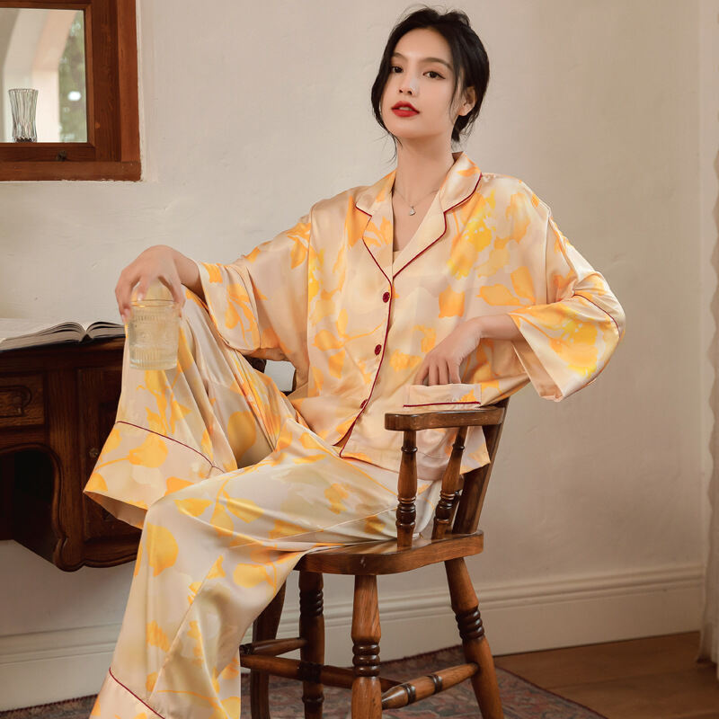 Japanese GP Pajamas Women's Spring and Summer Ice Silk Thin Long-Sleeved Trousers Net Red Wind Casual High-End Home Wear Suit