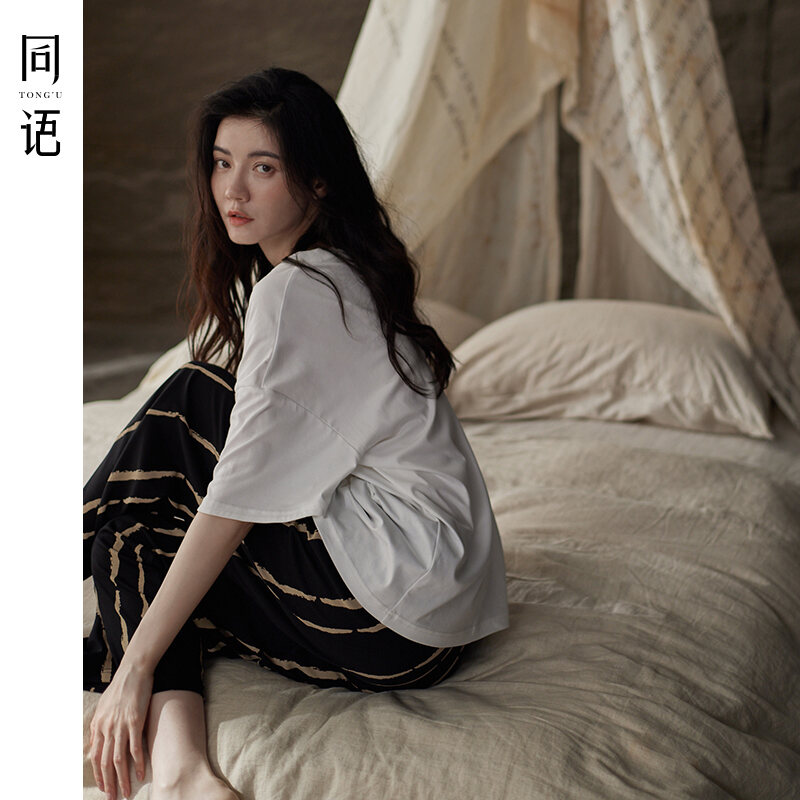 Tongyu Pajamas Women's Summer Cool Cotton Short-Sleeved Ankle-Length Pants Thin Striped Suit Women's Outerwear Homewear