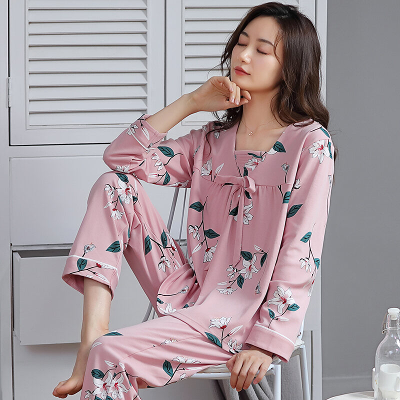 Pajamas Women's Spring and Autumn 2022 New Cotton Long-Sleeved Printed Large Size Loose Home Wear Middle-Aged Mom Suit