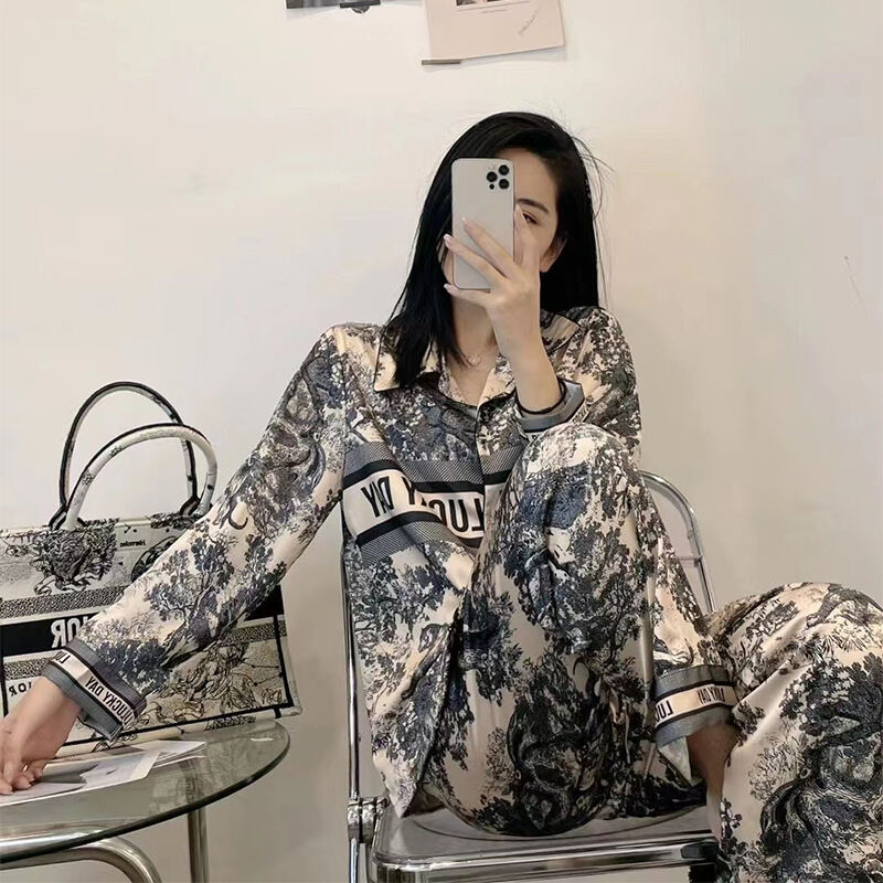 2023 New Streamer Soft Silk Pajamas for Women High Grade Landscape Ink Big Brand Light Luxury Silk Satin Surface Ladies' Homewear
