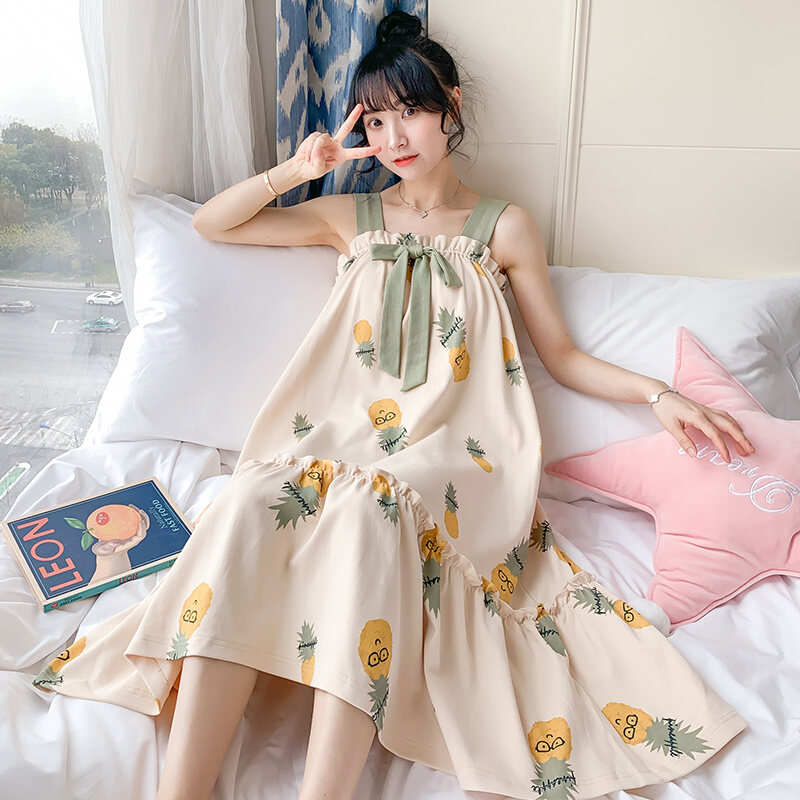 Summer Padded Nightdress Women's Pure Cottom Long Sweet Spaghetti-Strap Pajamas Spring Autumn Summer Thin Japanese Homewear