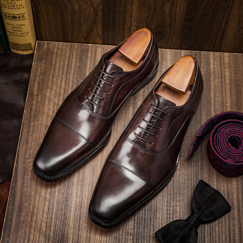 Ehtusk High end Three-Joint Leather Shoes Men's Business Guest look GOOD YEAR Oxford Shoes British Square Toe Leather Men's Shoes