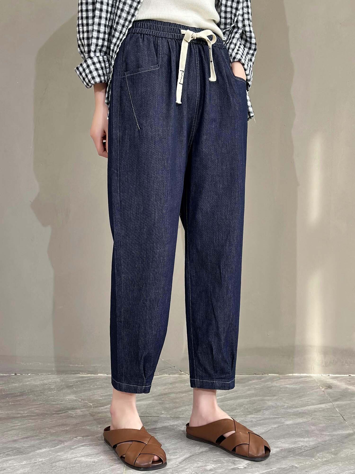 Flower Concept Retro Denim Blue Casual Harem Pants Women's Spring Thin Loose Fashionable Large Size Drawstring Baggy Pants Trendy