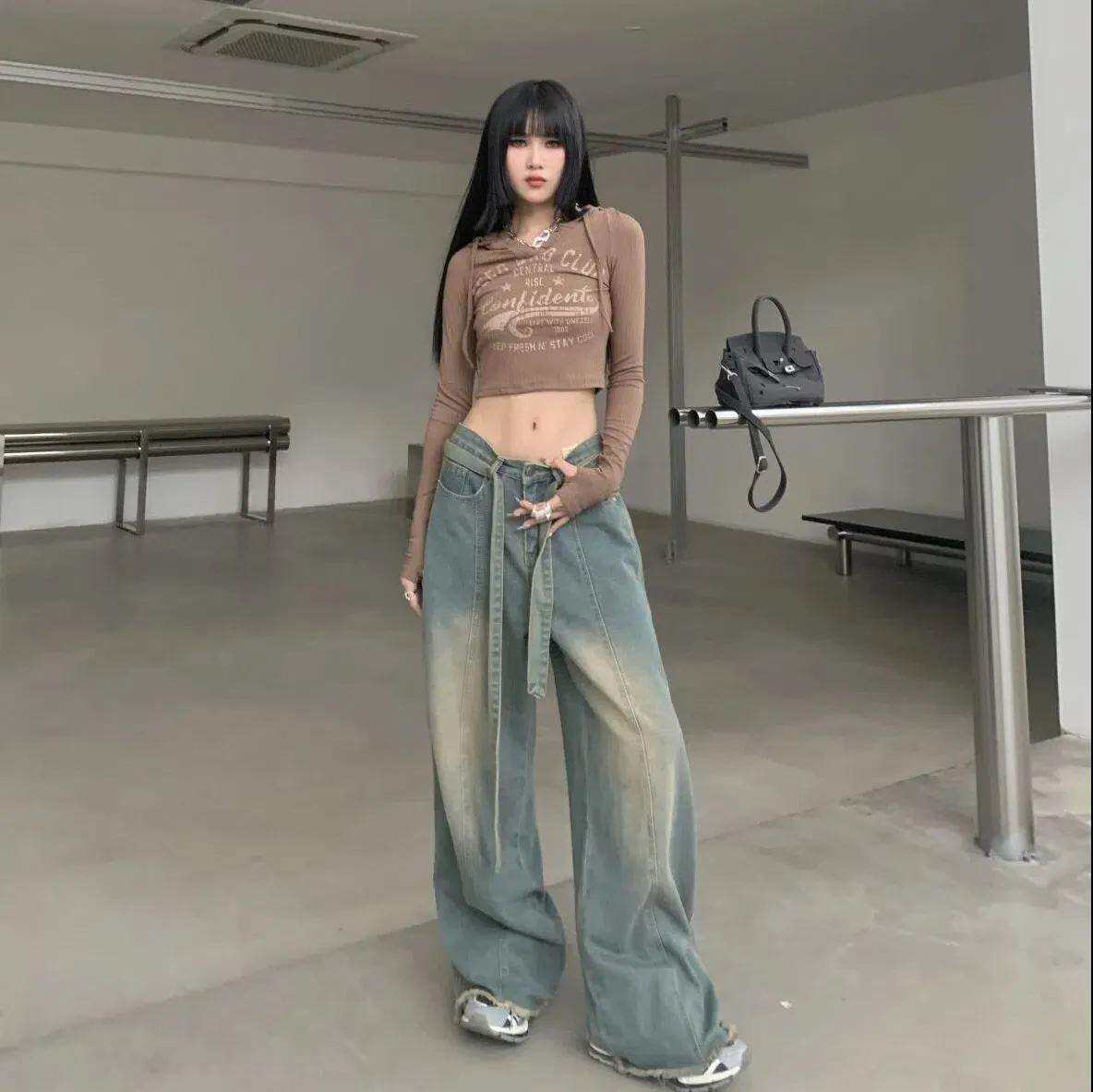 American Style Retro Vibe High Street Wide Leg Mopping Jeans Women's Spring and Summer Distressed High Waist Straight Drooping Loose Trousers