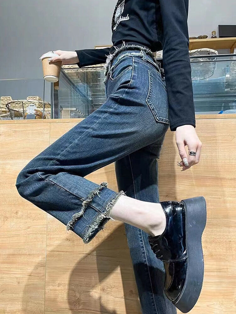 Retro Straight Jeans Women's High Waist Summer New Casual Versatile Loose Slimming Raw-Cut Ankle-Length Cigarette Pants