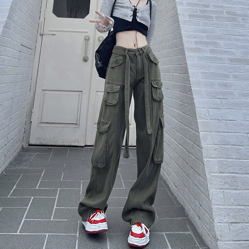 American Style Hip Hop Overalls Women's Summer Loose Straight Designed Hot Girl High Street Ins Casual Wide Leg Denim Trousers