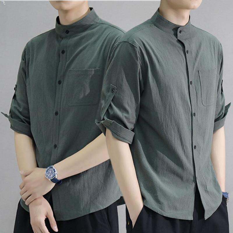 Linen Shirt Men's Summer Korean Fashionable Handsome Slim-Fit Cotton Sleeve Spring and Summer Sleeve Shirt Men's Short Sleeve