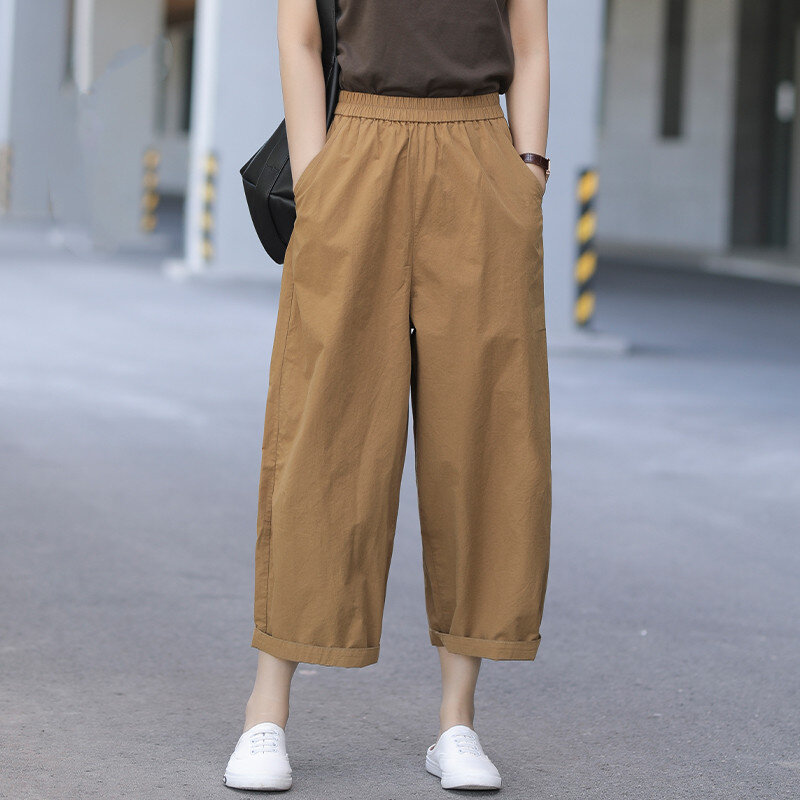 Women's Large Size Casual Pants 2023 Thin and All-Matching Pure Cotton Artsy Loose Solid Color Wide-Leg Overalls for Summer