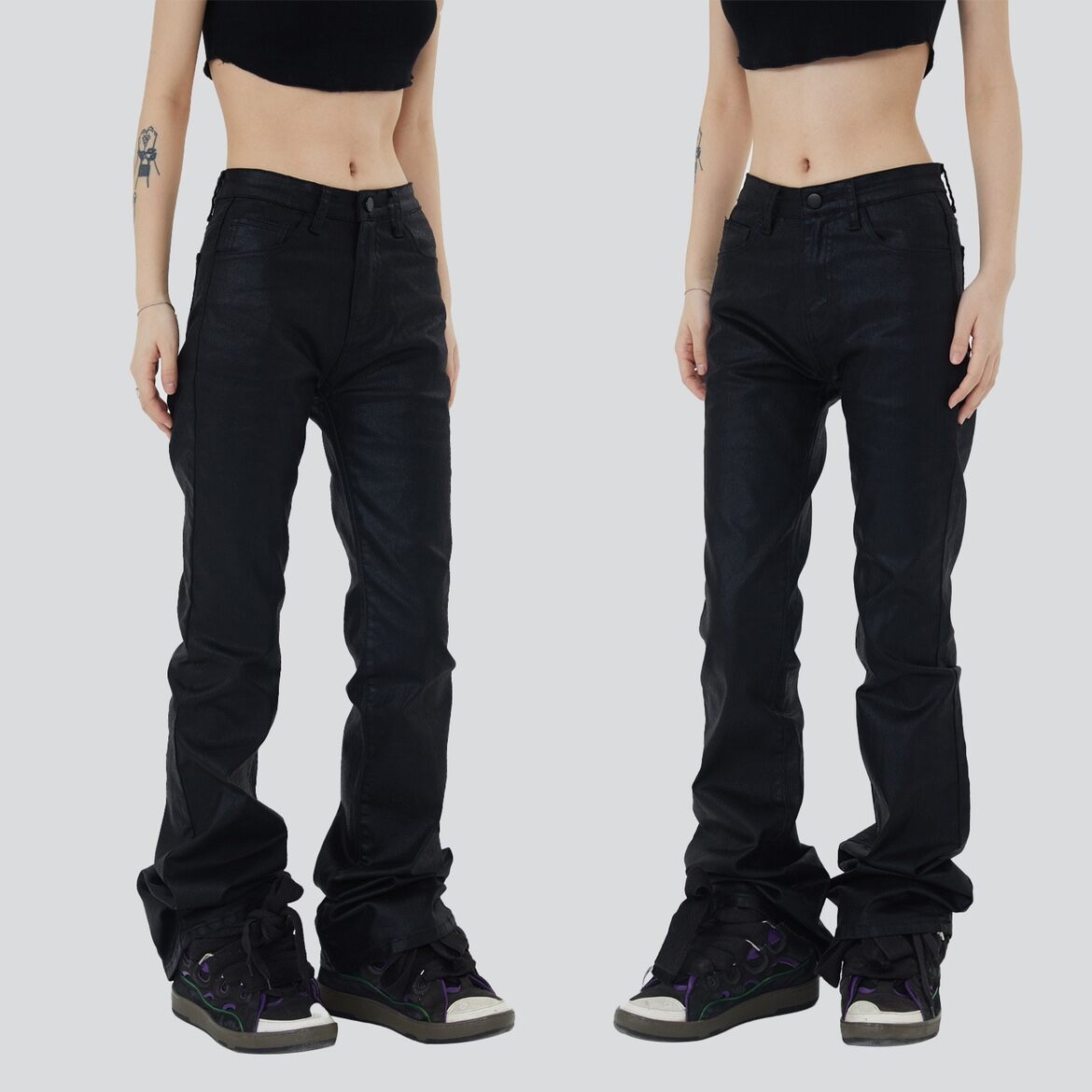 Madeextreme American Style Retro Street Black Coated Wax Brush Pants Jeans Hot Girl Slimming Slightly Flared Women