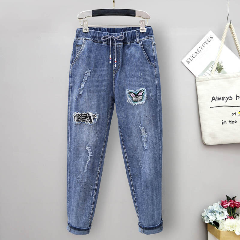 Guangzhou Xintang Large Size Ripped Jeans Women's 2023 Spring and Autumn New Plus Size Ladies plus Size Women's Clothing Cotton Harem Pants