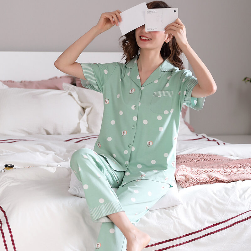 Women's Pajamas Summer Cardigan Short Sleeve New Outerwear Homewear Summer Thin Loose plus Size Two-Piece Set