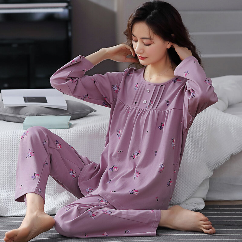 Pajamas Women's Autumn Cotton Long-Sleeved Mother Middle-Aged Women's Spring and Autumn New Casual Loose plus Size Homewear Suit