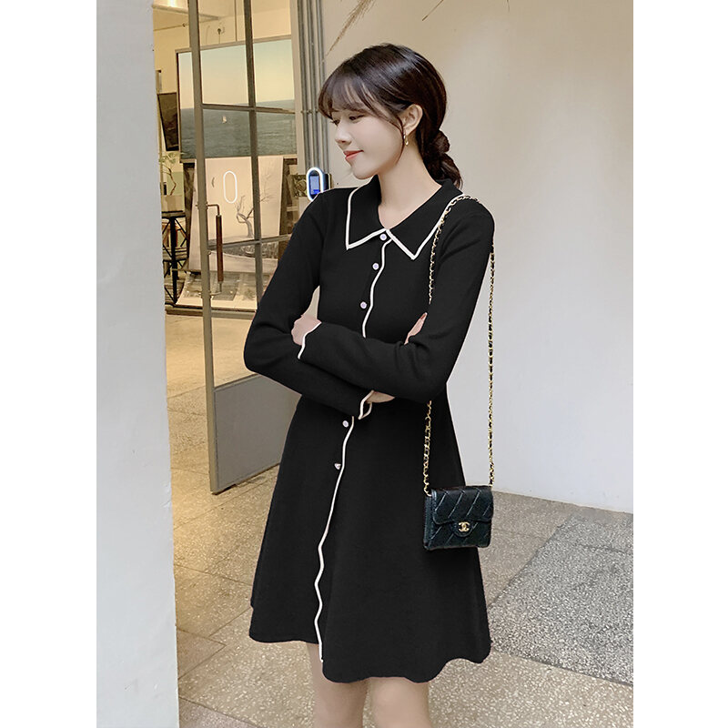 Special Offer Is Not Refundable ~ Only Black ~ Simple Lapel Button Knit Dress