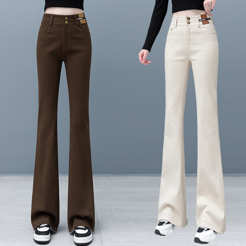 Fleece-Lined Thick High Waist Denim Bootcut Trousers Women's 2023 Winter New Fashion All-Match Slim and Tall Looking Horn Long Pants