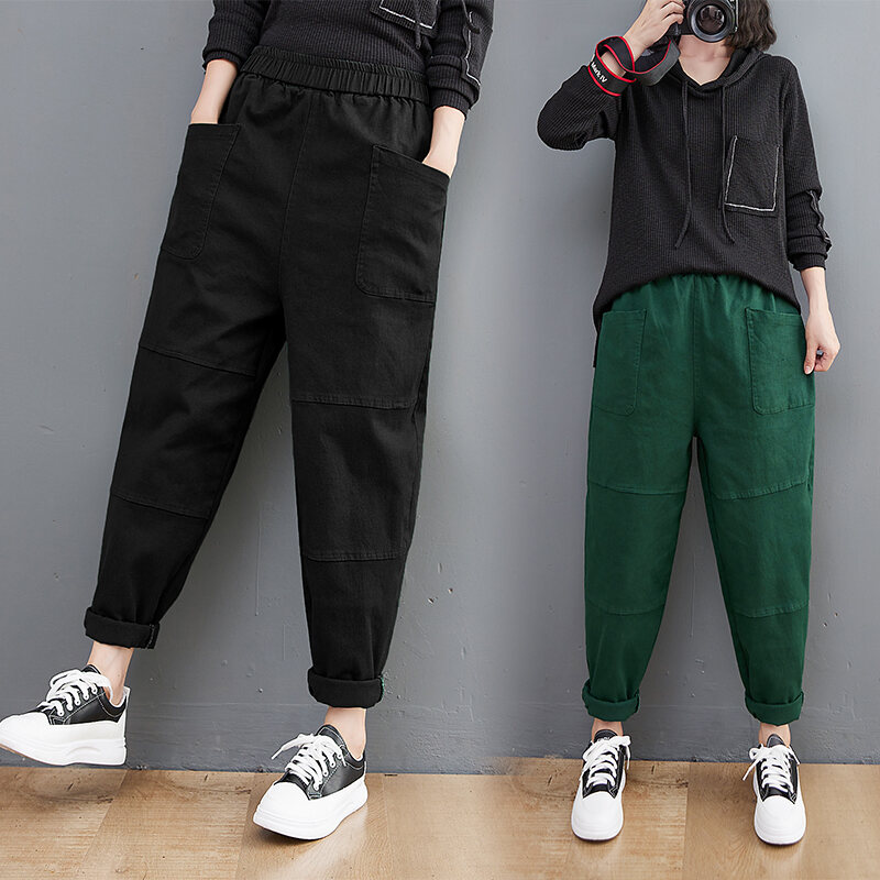 2023 Spring New Large Size Elastic Waist Solid Color Stitching Harem Pants Slim Looking Korean Style All-Matching Straight Ankle-Length Pants for Women