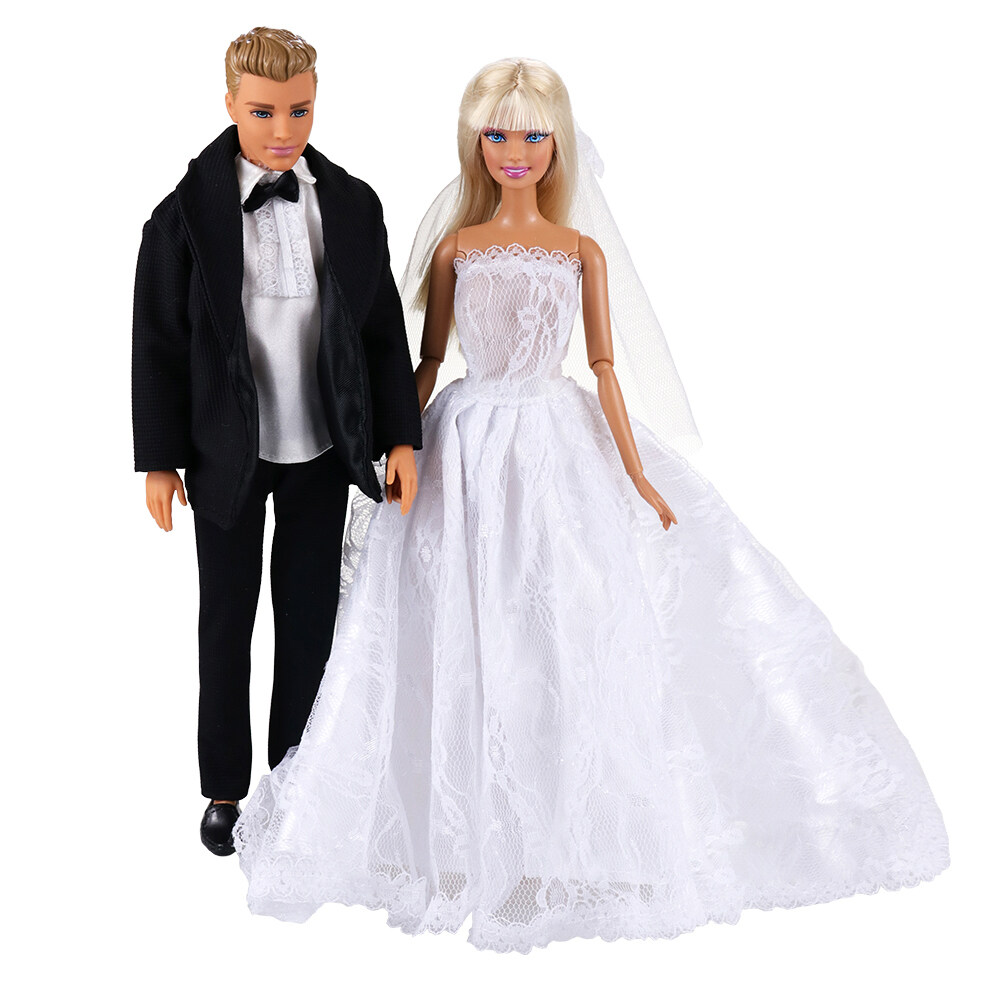 Fashion Handmade Beautiful Doll Accessories Bride Princess Wedding Dress White Groom Dolls Clothes For Barbie Ken Game DIY Gift