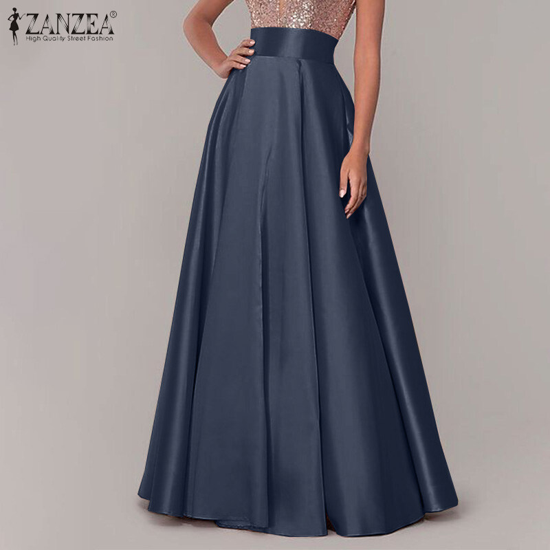ZANZEA Womens Fashion Cocktail Party A-Line Flare Swing Skirts High Waist Plain Long Skirt
