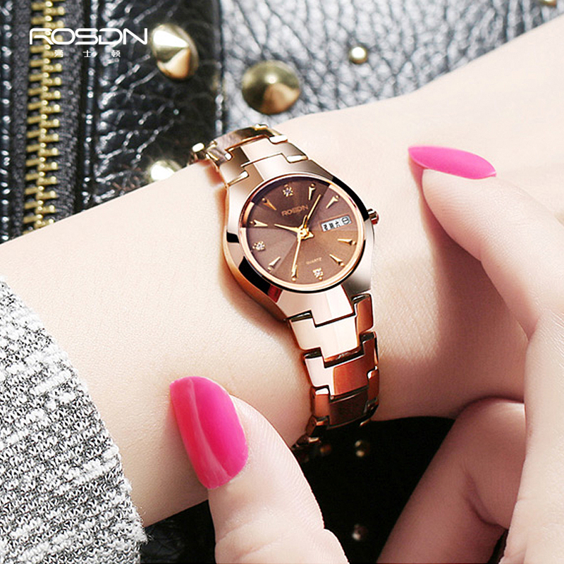 Rosdn Women's Watch 2022 New Watch Women's Tungsten Steel Waterproof Quartz Watch Trendy Women's Watch Double Calendar Week Display High-End Women's Watch for Girlfriend
