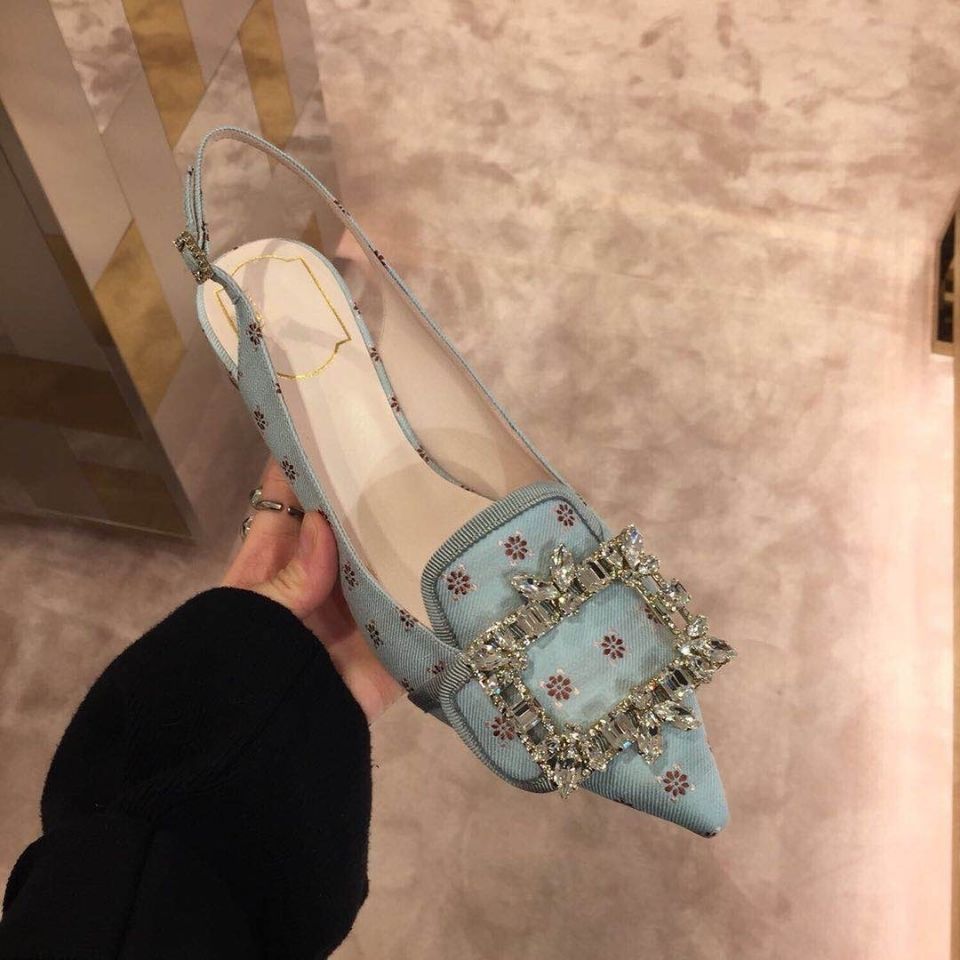 HOT original 2023 Roger vivierˉ early spring new embroidered cloth rhinestone square buckle thick heel sandals back empty pointed toe low heel leather women summer new style women's shoes slippers for