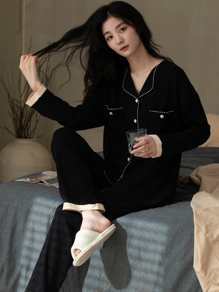 Ladies underwear Women's pajamas spring and autumn pure cotton long-sleeved simple high-end suit cardigan lapel can be worn outside home clothes autumn and winter