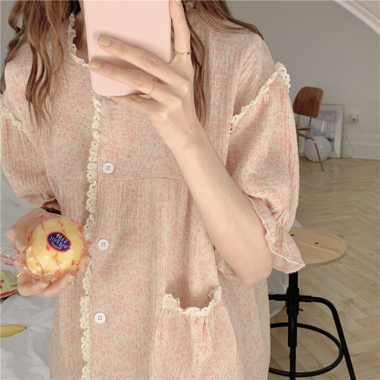 [100% Cotton Pajamas] Korean ins Ladies Summer Version Sweet Loose Comfortable Floral Nightdress Lace Pajamas Homewear Women