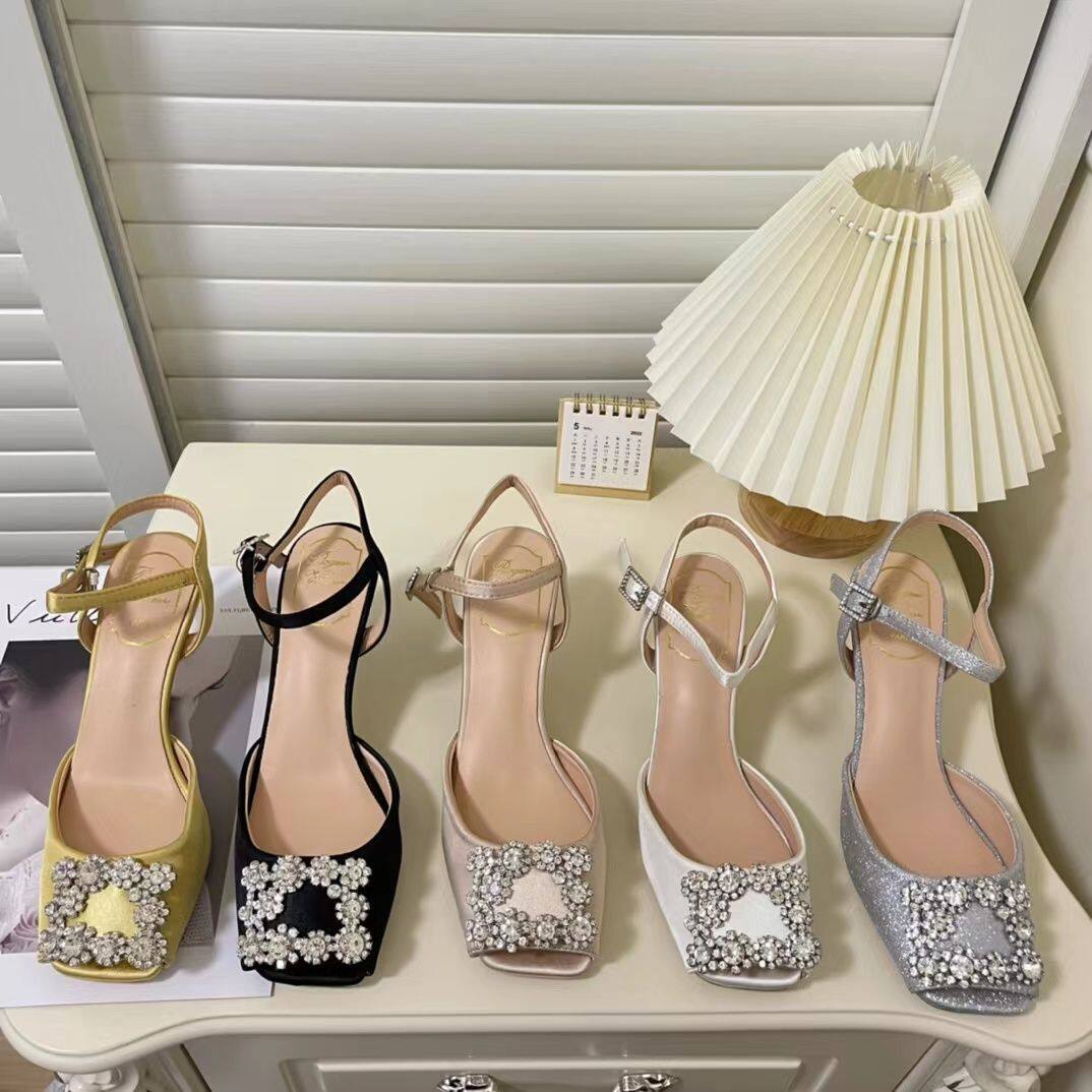 Rhinestone square buckle roger vivierˉsandals women's 2023 summer new buckle sandals fine heel solid color satin fish mouth square toe women's shoes