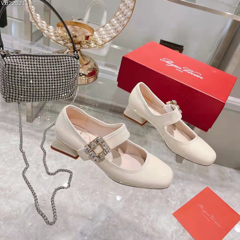 * Roger Vivier Women's Shoes Drill Button White Cowhide Patent Leather Chunky Heel 4.5cm Mary Jane Ballet Shoes