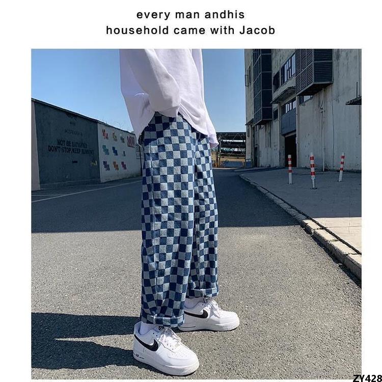 Straight Male chic Jeans Denim ins Loose Fashion nd Trousers Couple plus Size Plaid Chessboard Men and Women High Street