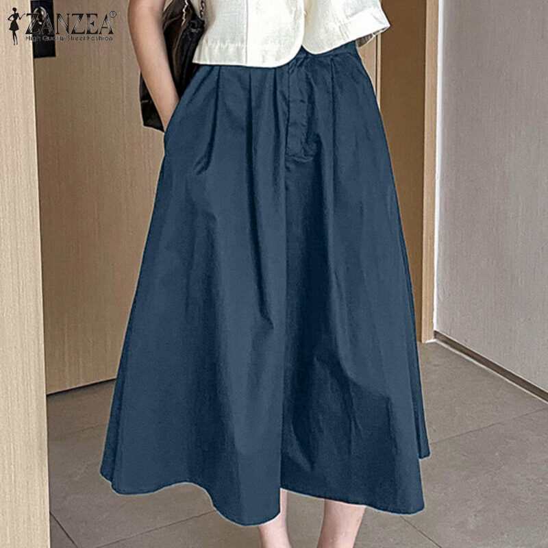 ZANZEA Korean Style Women Vintage Simple Elastic Waist Midi Skirt Casual Loose Solid A-Line Overskirts #10