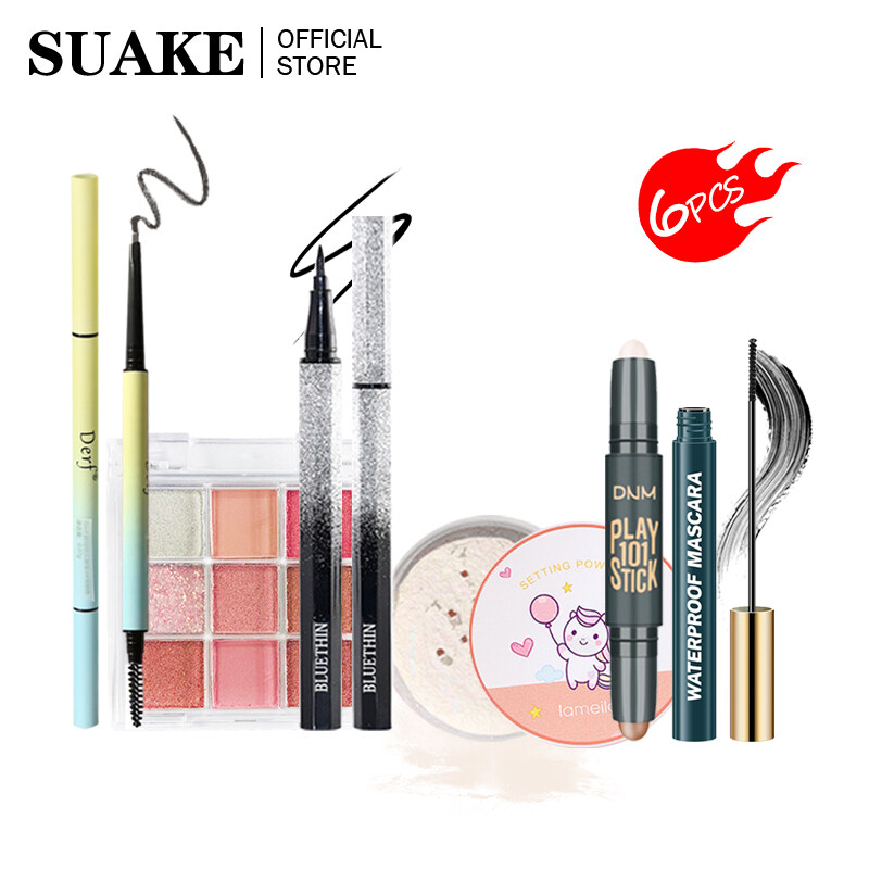 SUAKE 6PCS Personal Makeup Set For Convenient Eyebrow pencil+Eye Shadow+Eyeliner+Loose Powder+Concealer+Mascara