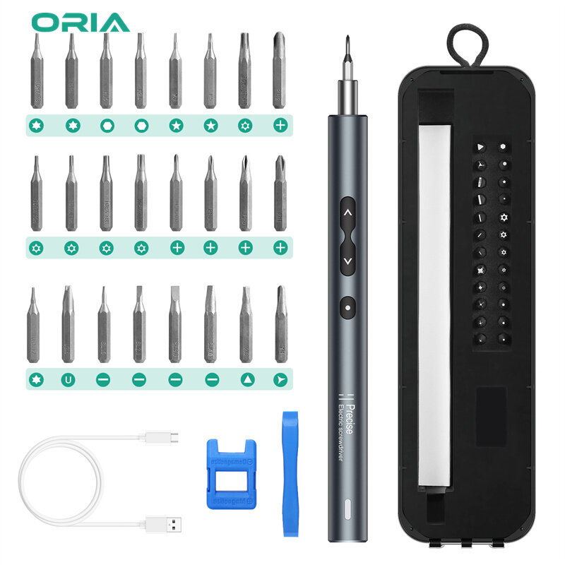 [Upgraded]ORIA Electric Screwdriver Set 28 in 1 USB Rechargeable Repair Tools set 28mm Magnetic Screwdriver kit with 3 LED lights[stock ready]