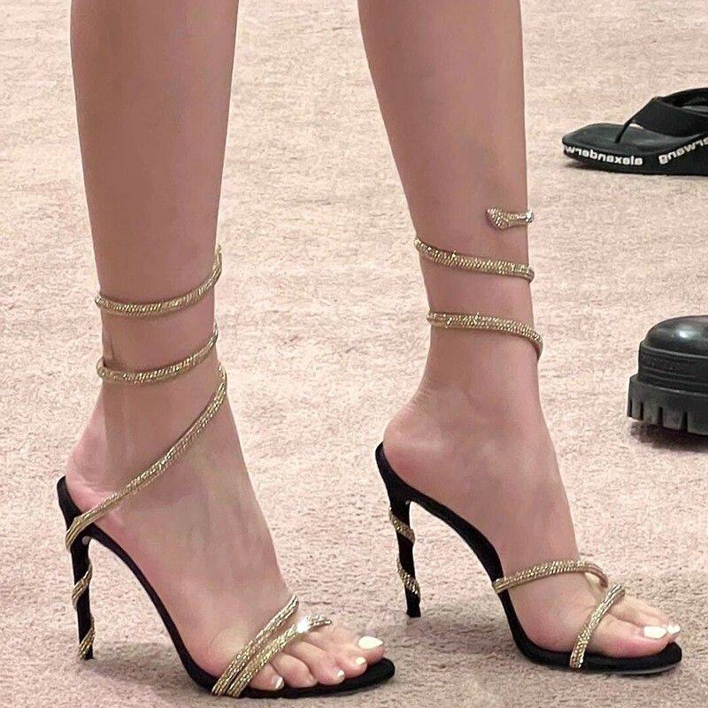 23 early spring Rene Caovillaˉhigh-heeled rhinestone snake-shaped winding buckle sandals strappy sandals sexy ladies fine heels