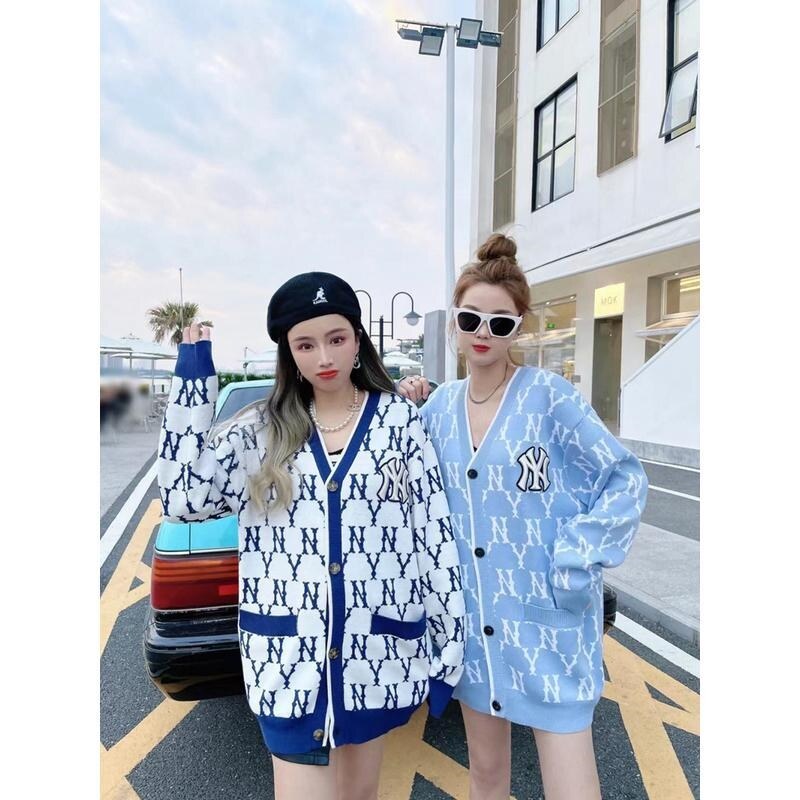 2022 MLB autumn winters Han Guochao brand retro v-neck loose cardigan sweater couples leisure knitting cardigan coat Authentic imported NEW