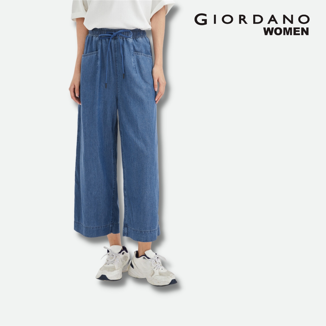 [Online Exclusive]Giordano Women Elastic Waist Wide Leg Ankle-length Denim Pants
