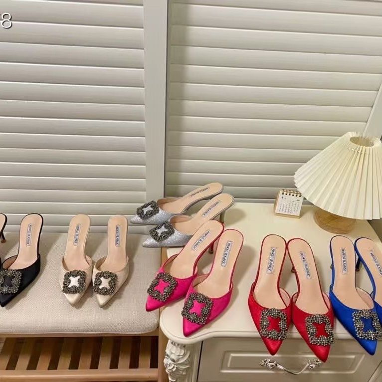 2023 Summer and Autumn New manolo blahnikˉDiamond Slippers European and American Fashion Pointed Toe Square Buckle High Heel Half Slippers