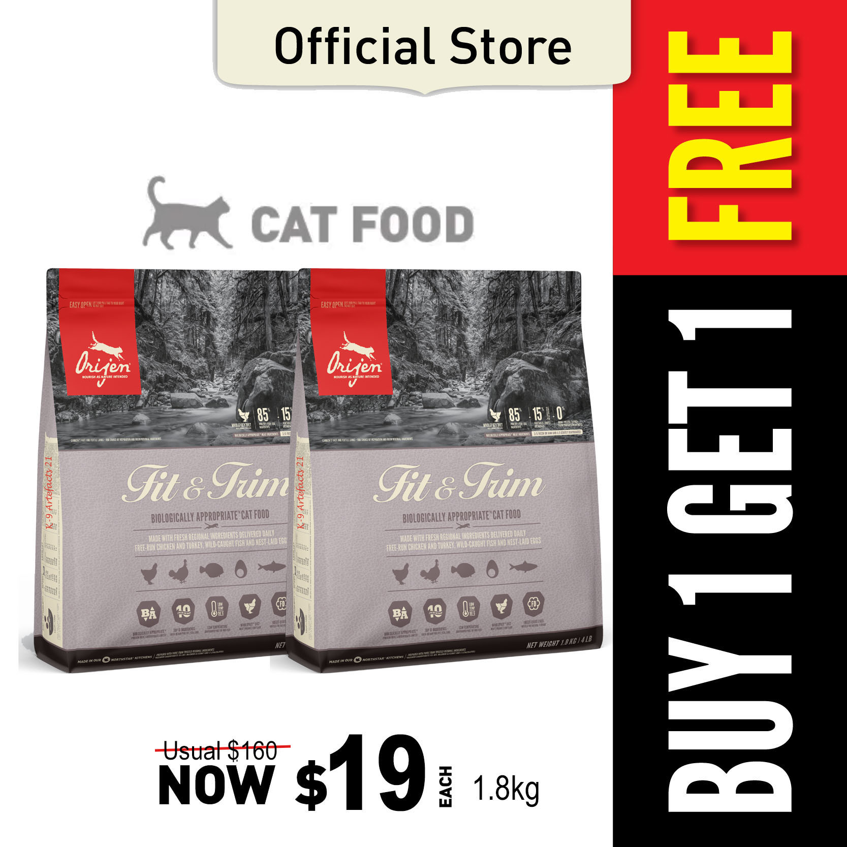 BUY 1 GET 1 FREE ORIJEN Fit & Trim 1.8KG Cat Food (Expire 05 JUN 2023)